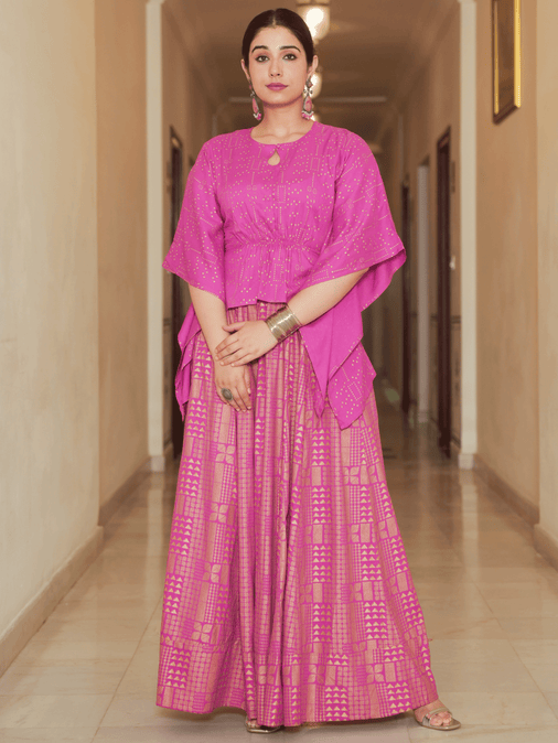 Viscose Gold foil Asymmetric Kaftan Pink Top & Skirt