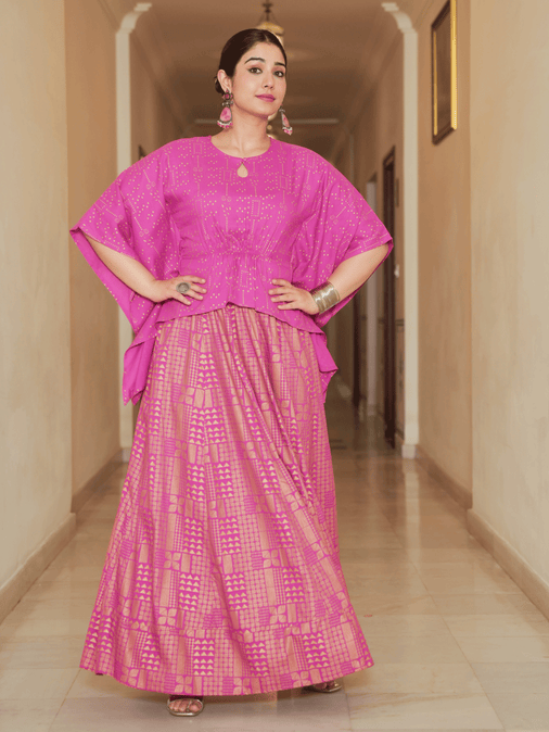 Viscose Gold foil Asymmetric Kaftan Pink Top & Skirt