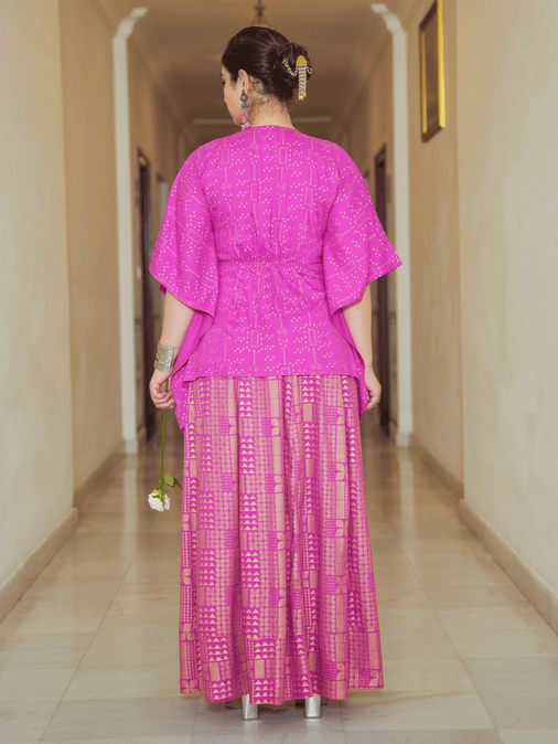 Viscose Gold foil Asymmetric Kaftan Pink Top & Skirt