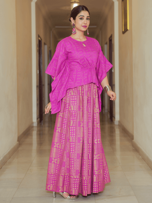 Viscose Gold foil Asymmetric Kaftan Pink Top & Skirt