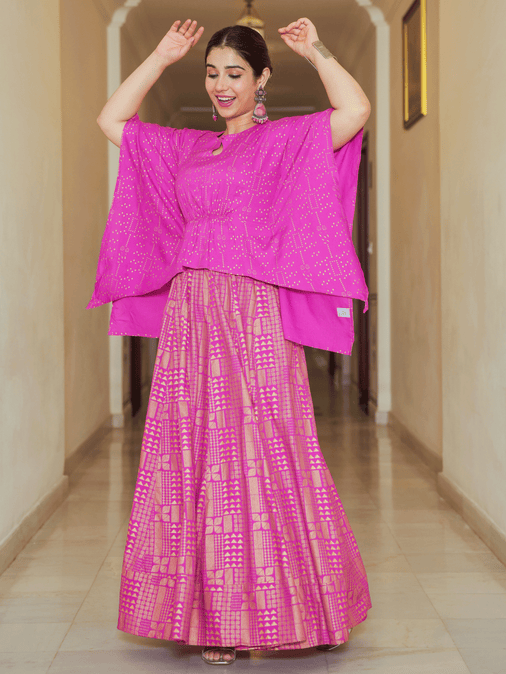 Viscose Gold foil Asymmetric Kaftan Pink Top & Skirt