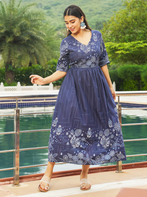 Soft Cotton Patchwork A-line Blue Dress