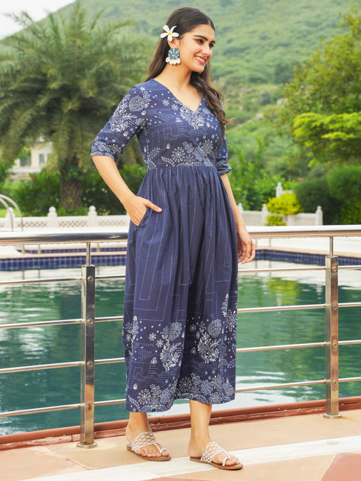 Soft Cotton Patchwork A-line Blue Dress