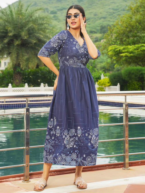 Soft Cotton Patchwork A-line Blue Dress