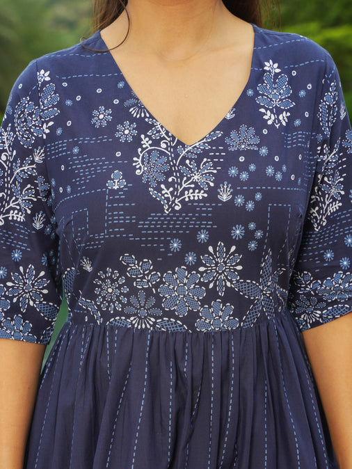 Soft Cotton Patchwork A-line Blue Dress