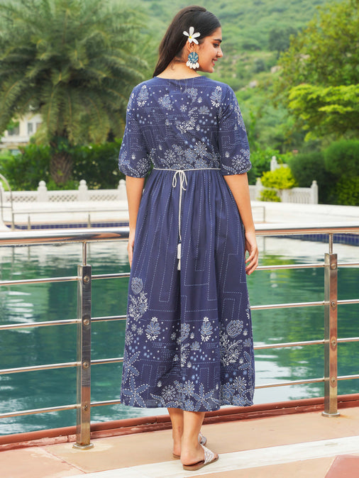 Soft Cotton Patchwork A-line Blue Dress