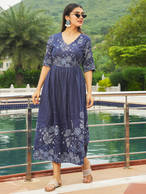 Soft Cotton Patchwork A-line Blue Dress