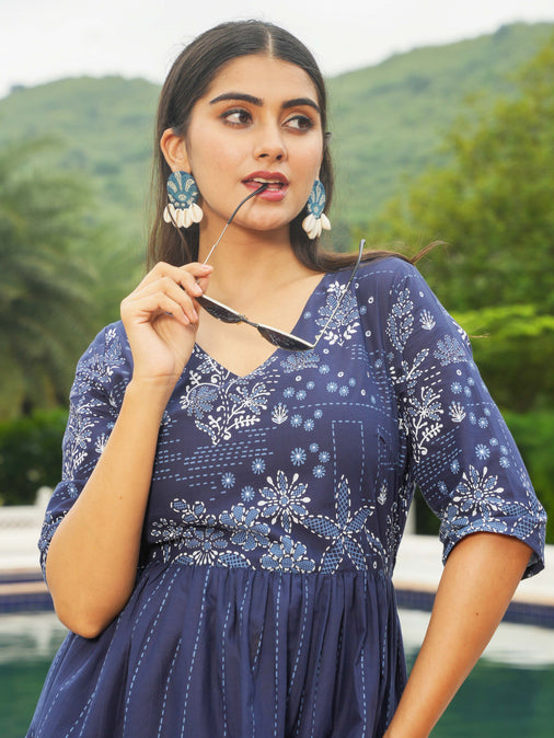 Soft Cotton Patchwork A-line Blue Dress