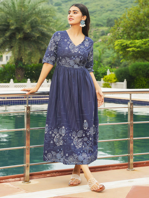 Soft Cotton Patchwork A-line Blue Dress