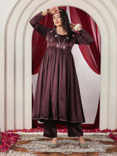Embroidered Satin Solid Anarkali Wine Kurta & Trousers