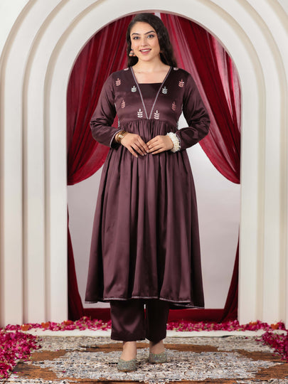 Embroidered Satin Solid Anarkali Wine Kurta & Trousers