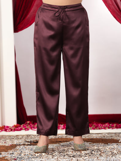 Embroidered Satin Solid Anarkali Wine Kurta & Trousers