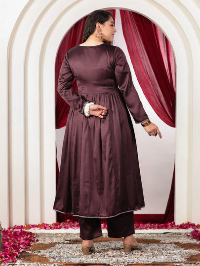 Embroidered Satin Solid Anarkali Wine Kurta & Trousers