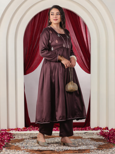 Embroidered Satin Solid Anarkali Wine Kurta & Trousers