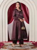 Embroidered Satin Solid Anarkali Wine Kurta & Trousers