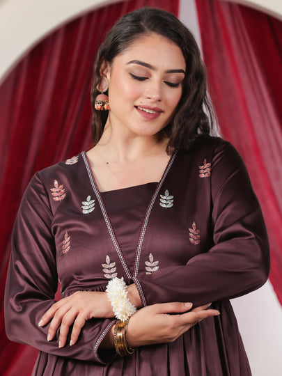 Embroidered Satin Solid Anarkali Wine Kurta & Trousers