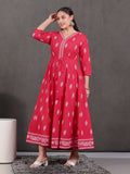 Soft Cotton Geometric Anarkali Red Dress