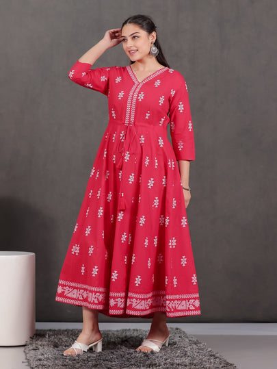 Soft Cotton Geometric Anarkali Red Dress