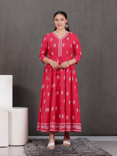 Soft Cotton Geometric Anarkali Red Dress