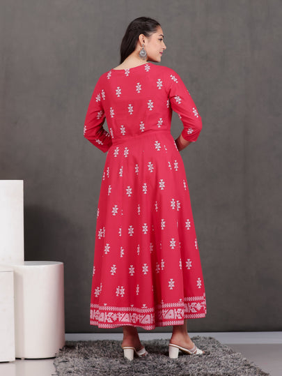 Soft Cotton Geometric Anarkali Red Dress