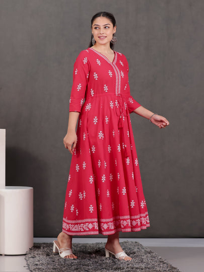 Soft Cotton Geometric Anarkali Red Dress