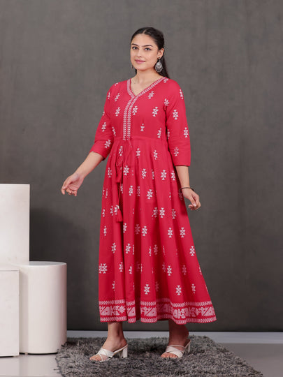 Soft Cotton Geometric Anarkali Red Dress