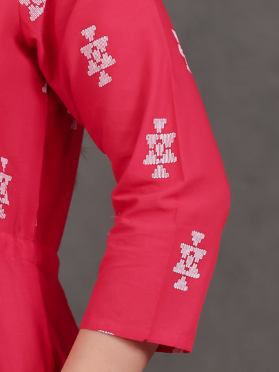 Soft Cotton Geometric Anarkali Red Dress