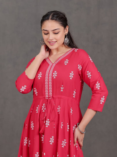 Soft Cotton Geometric Anarkali Red Dress