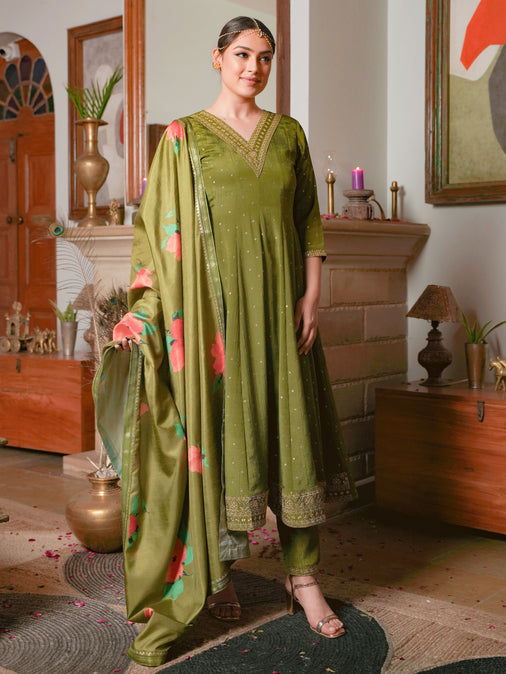 Embroidered Poly Chinon Solid Lime Green Kurta Set