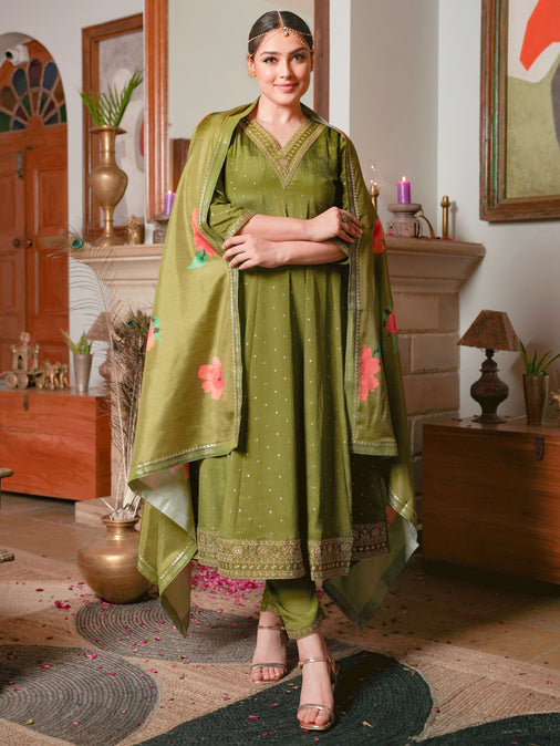 Embroidered Poly Chinon Solid Lime Green Kurta Set