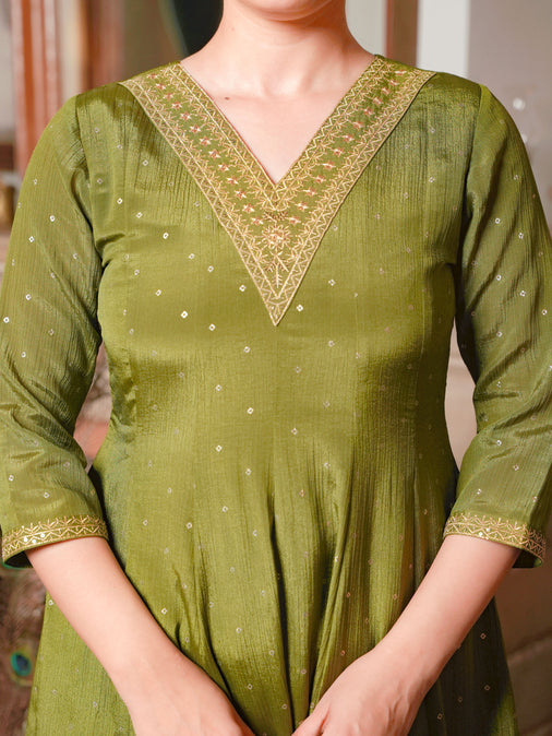Embroidered Poly Chinon Solid Lime Green Kurta Set