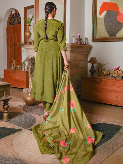 Embroidered Poly Chinon Solid Lime Green Kurta Set