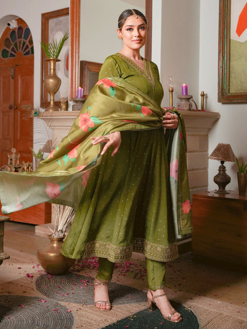 Embroidered Poly Chinon Solid Lime Green Kurta Set