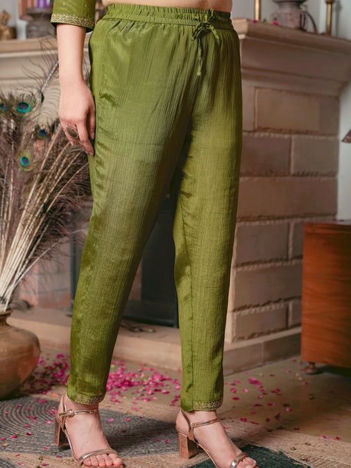 Embroidered Poly Chinon Solid Lime Green Kurta Set