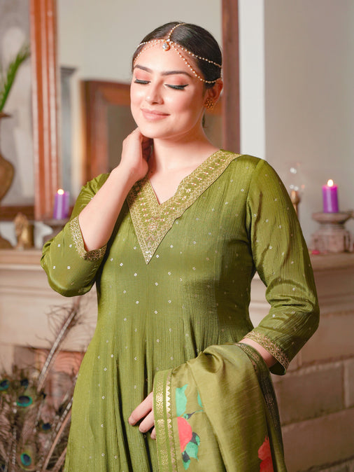 Embroidered Poly Chinon Solid Lime Green Kurta Set