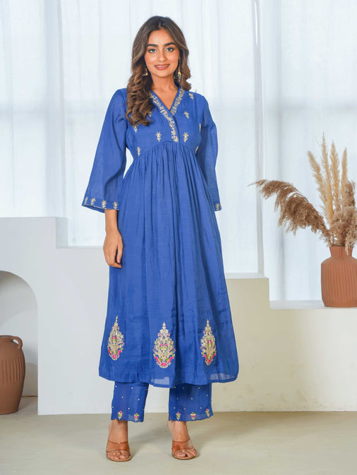 Embroidered Poly Blend Solid Royal Blue Kurta, Trousers & Dupatta