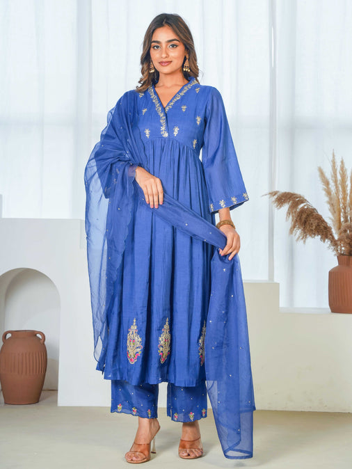 Embroidered Poly Blend Solid Royal Blue Kurta, Trousers & Dupatta