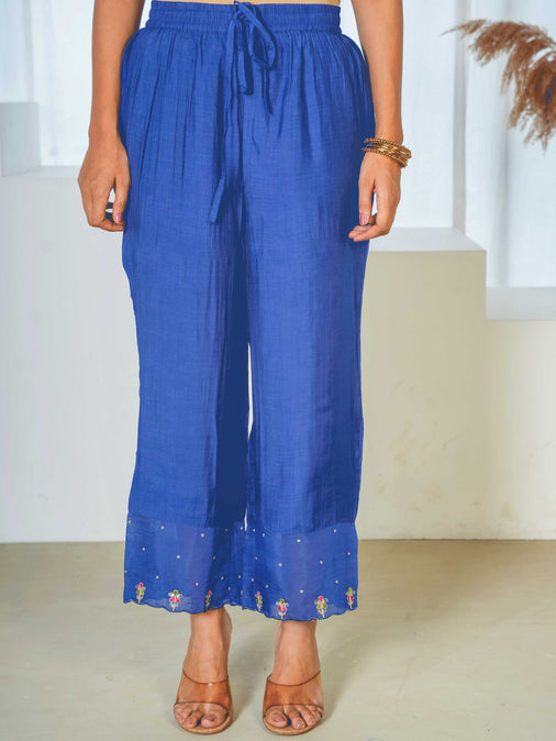 Embroidered Poly Blend Solid Royal Blue Kurta, Trousers & Dupatta