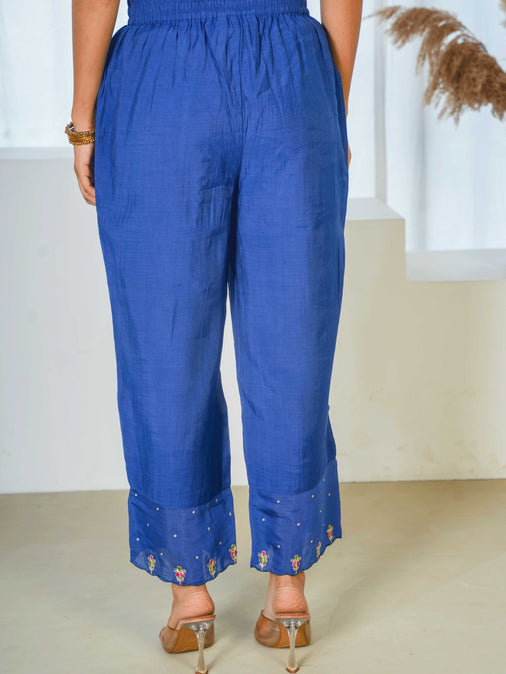 Embroidered Poly Blend Solid Royal Blue Kurta, Trousers & Dupatta