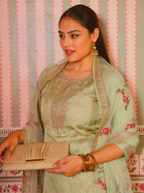 Embroidered Silk Jacquard Solid Mint Green Kurta, Bottom & Dupatta