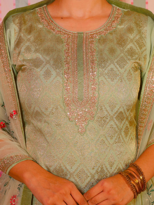 Embroidered Silk Jacquard Solid Mint Green Kurta, Bottom & Dupatta