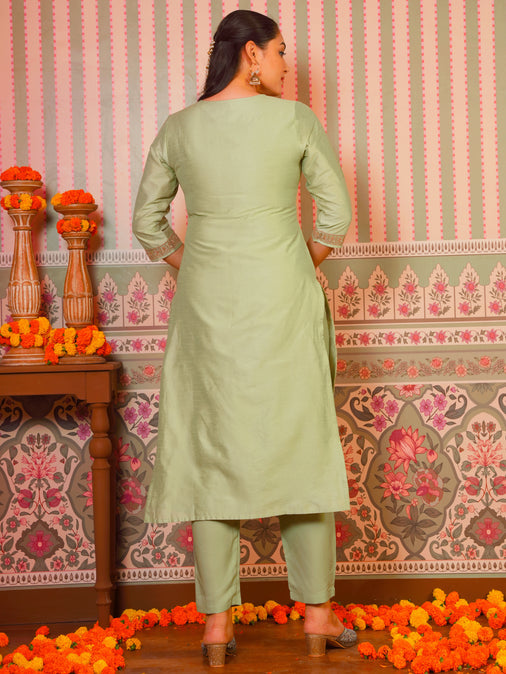 Embroidered Silk Jacquard Solid Mint Green Kurta, Bottom & Dupatta
