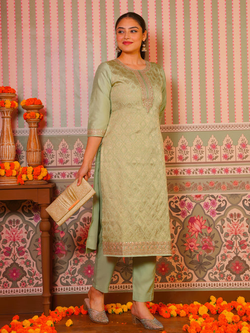 Embroidered Silk Jacquard Solid Mint Green Kurta, Bottom & Dupatta