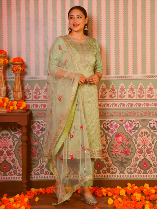 Embroidered Silk Jacquard Solid Mint Green Kurta, Bottom & Dupatta