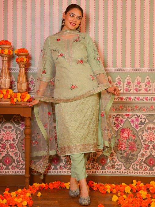 Embroidered Silk Jacquard Solid Mint Green Kurta, Bottom & Dupatta