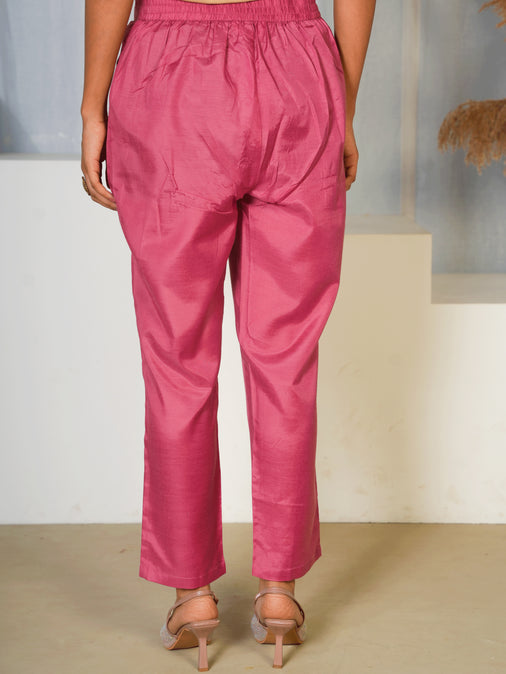 Embroidered Chinon Chiffon Solid Dusty Pink Kurta, Trousers & Dupatta