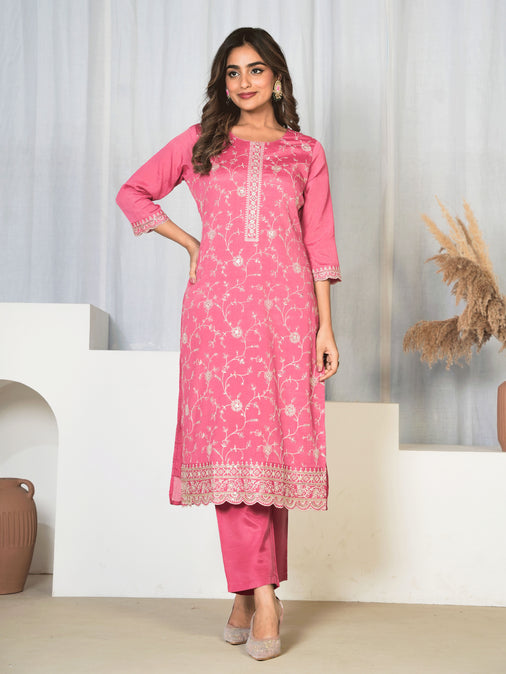 Embroidered Chinon Chiffon Solid Dusty Pink Kurta, Trousers & Dupatta