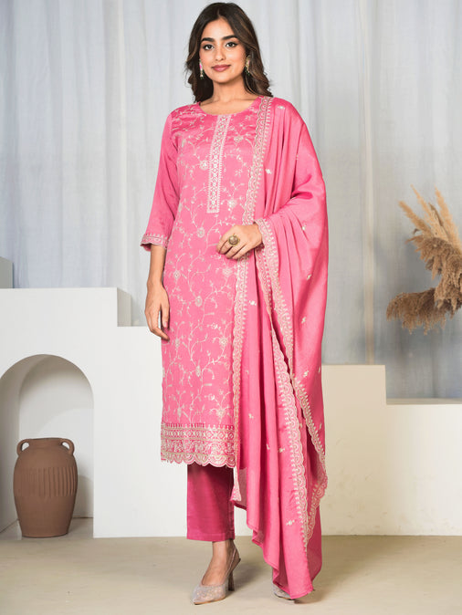 Embroidered Chinon Chiffon Solid Dusty Pink Kurta, Trousers & Dupatta