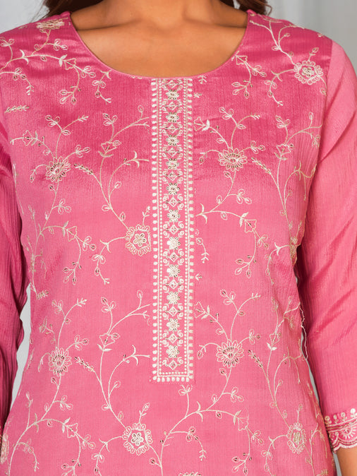 Embroidered Chinon Chiffon Solid Dusty Pink Kurta, Trousers & Dupatta
