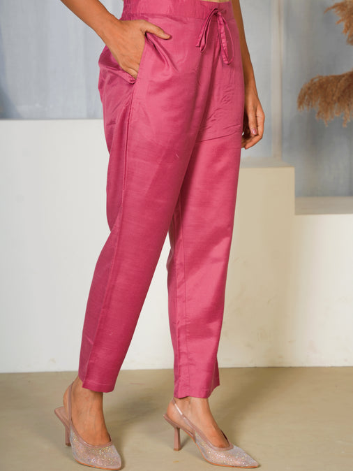 Embroidered Chinon Chiffon Solid Dusty Pink Kurta, Trousers & Dupatta